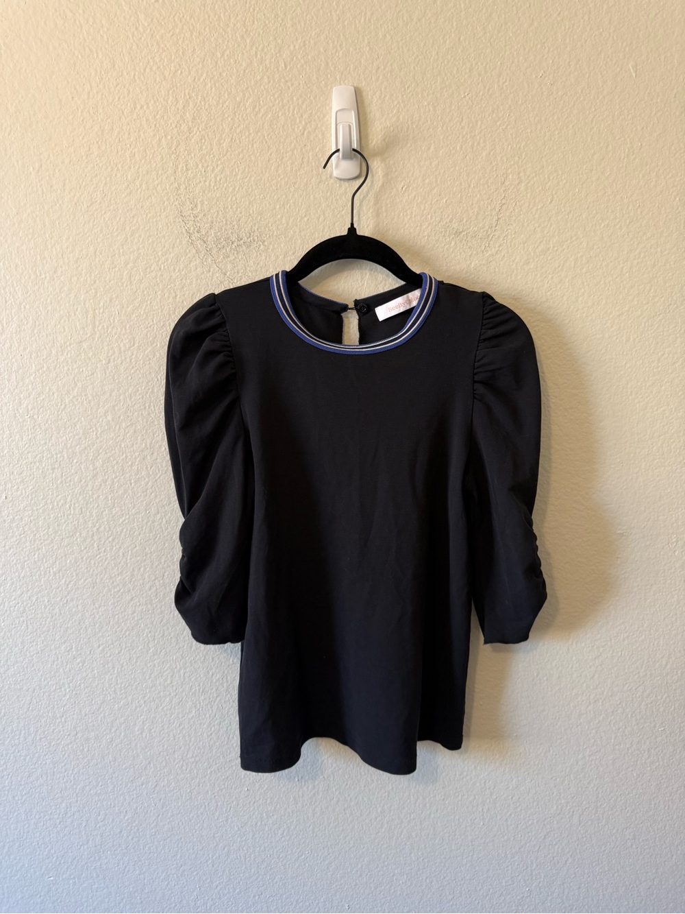 See By Chloé Black Puff Sleeve Top with Blue Trim Size M Corporate Fall